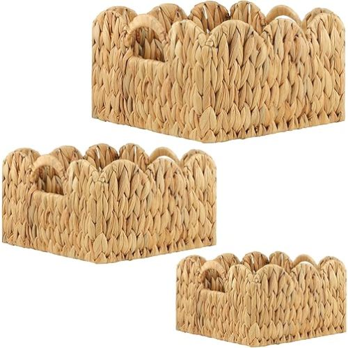 3 Pack Scalloped Edge Basket Hand Woven Wicker Storage Baskets Rattan Baskets with Handles for Organizing and Storage