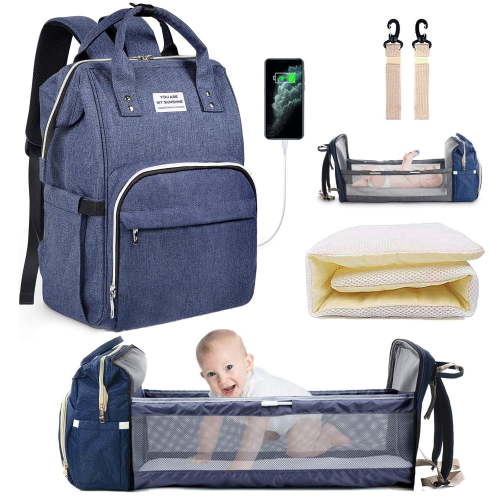 Baby Diaper Bag Backpack with Changing Station for Boy Girl,Portable Bassinets with USB Charging Port, Multifunction Waterproof Travel Back Pack , Dad Mom Travel Large Blue Diaper Bags