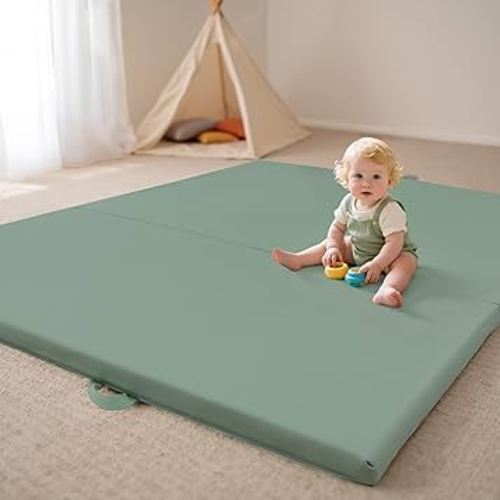 Bella's Friends Foldable Baby Play Mat for Floor, 50"x50" Vegan Leather Playpen Mat, 1.2" Extra Thick Foam, Non-Toxic, Wipe-Clean, Travel-Ready, Non-Slip Crawling Mat for Kids Toddlers&Infants, Green