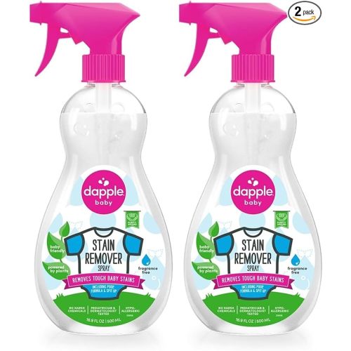 Stain Remover Spray by Dapple Baby, Fragrance Free, 16.9 Fl Oz Spray Bottle - Plant-Based & Hypoallergenic - Baby Laundry Stain Remover for Clothes & Cloth Diapers (Pack of 2)
