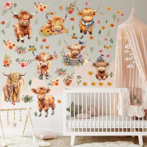 Yinder 12 Sheet 78 Pcs Highland Cow Wall Decals Baby Wall Decals Highland Cow Wall Sticker Cute Nursery Baby Wall Decor for Kids Girls Boys Baby Room Bedroom