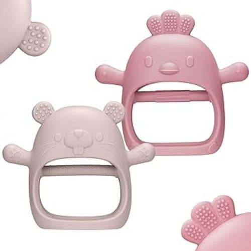 2 Packs Baby Teething Toys Silicone Teething Mittens for Infants 3 Months+, Never Drop & Easy to Hold Teethers, Helps Soothing Gums & Sucking Needs, Teething Relief (Rose)