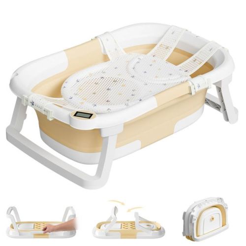 TUMAJUP Collapsible Baby Bathtub for Infants and Toddlers with Bath Net and Thermometer-Khaki