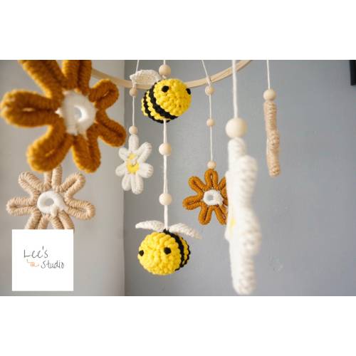 Bumblebees And Flowers Baby Mobile, Bee Nursery Decor Theme, Crib Hanging Decoration, Bumble Bee Decor, Cot Mobile