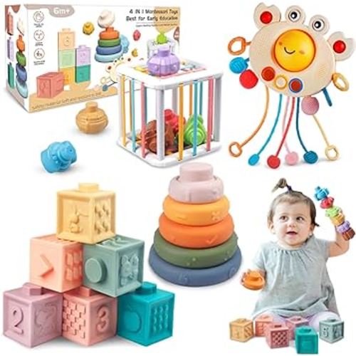 4 in 1 Baby Toys 6-12 Months, Montessori Toys for Babies,Soft Stacking Building Blocks Soft Infant Teething Toys Sensory Balls Educational Learning Toys for Toddlers Boys Girls (E- 4 in 1)