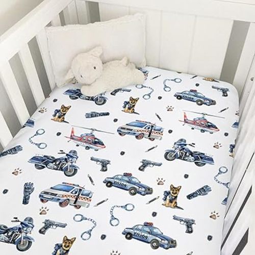Watercolor Police Vehicles Car Motorcycle Helicopter Baby Crib Sheet 52''x28'' Police Dogs Stretchy Fitted Crib Mattress Cover for Boy Bed Sheet for Standard Toddler Mattress