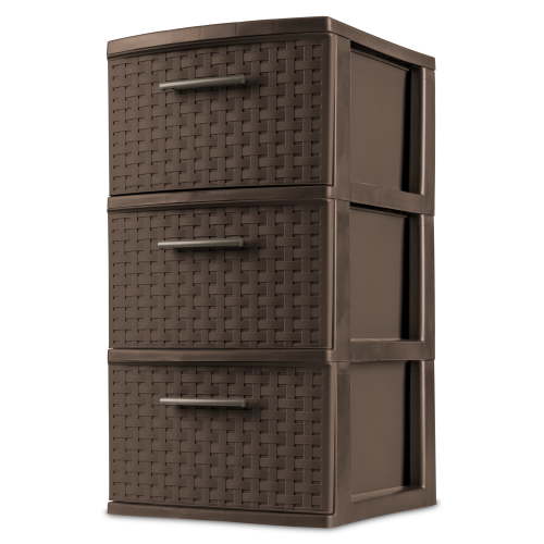 Sterilite 3 Drawer Tower, Slim Plastic Weave 3 Drawer Tower with Pull Handles, Brown
