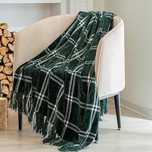 EVERGRACE Plaid Chenille Throw Blanket for Couch, Super Soft Cozy Decorative Windowpane Grid Plaid Throw with Tassels, Lightweight Chenille Knit Throw for Bed Sofa Gift, Dark Green & White 50”x60”