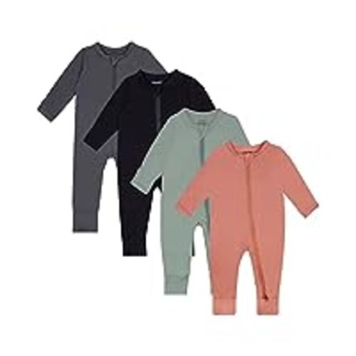 GUISBY Bamboo Baby Footed Pajamas with Mitten Cuffs, 2 Way Zipper Long Sleeve Sleepers 4-pack