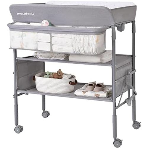 Maydolly Baby Changing Table, Portable Foldable Changing Table, Waterproof Diaper Changing Station, Adjustable Height Changing Station, Mobile Nursery for Newborn and Infant