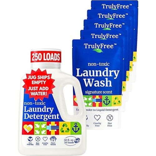 Truly Free Natural Laundry Detergent for Sensitive Skin | Eco Friendly, Plant Based, Baby Clothes Safe | Clean & Easy Powder to Liquid, 5 Pack Detergent + 1 Refillable Jug | Signature Scent 250 Loads