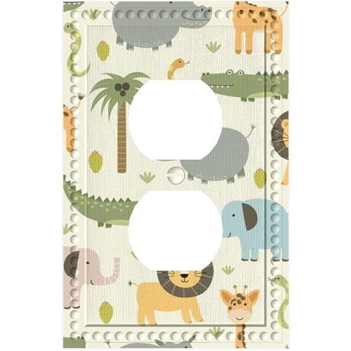 Cute Animal Zoo Wall Plate Lion Zebra Elephant Giraffe African Wildlife 1-Gang Outlet Cover Single Duplex Decor for Teen Boys Girls Room