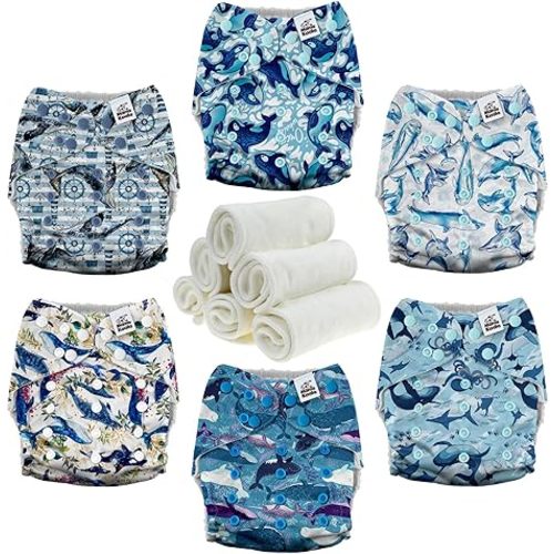 Mama Koala 3.0 Pocket Cloth Diapers for Babies with AWJ Lining, 6 Pack with 6 4-Layer Natural Cloth Diaper Inserts - Reusable and Washable Pocket Diapers(Whales)