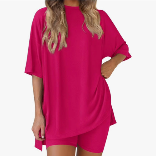 PRETTYGARDEN Women's Two Piece Lounge Set 2025 Summer Casual Oversized Shirts Biker Shorts Matching Airport Travel Outfit