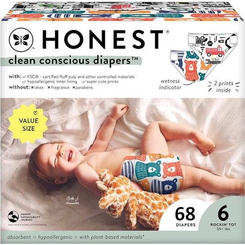 The Honest Company Clean Conscious Diapers for Sensitive Skin | Hypoallergenic, Fragrance Free | Gender Neutral Prints | Super Club Box, Size 6 (35+ lbs), 68 Count