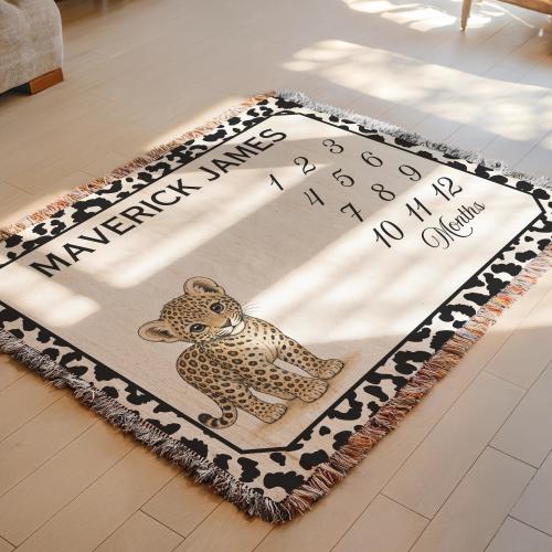 Custom Leopard Baby Milestone Blanket, Safari Nursery Milestone Mat, Personalized Monthly Baby Blanket Baby Shower Gift Neutral Nursery Gift