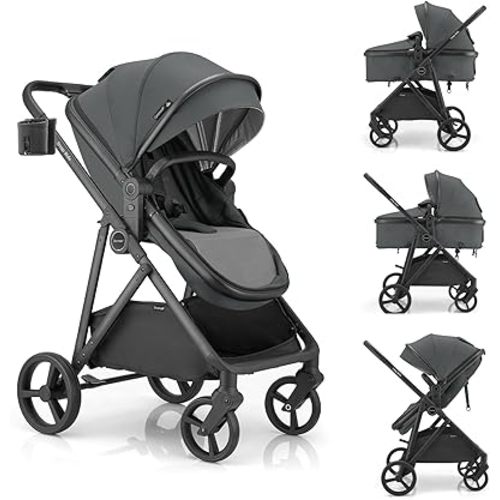 Gromast 3-in-1 Baby Stroller, Convertible Stroller for Newborn Infant Toddler with Reversible Seat, UPF 50+ Canopy & Cup Holder - Gray