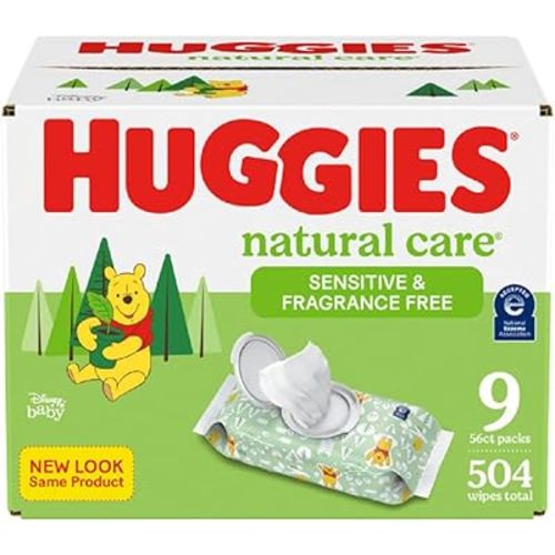 Huggies Natural Care Sensitive Baby Wipes, Unscented, Hypoallergenic, 99% Purified Water, 9 Flip-Top Packs (3 packs of 3), 504 Total Wipes (56 Wipes per pack), Packaging May Vary