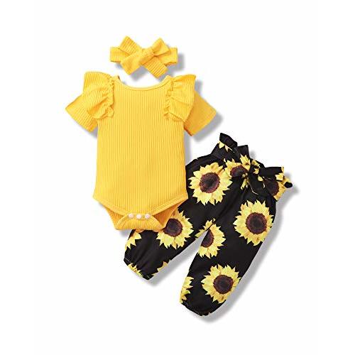 veikimous Baby Girl Clothes Infant Girl Ruffle Ribbed Romper Floral Pants Set Cute Newborn Girl Clothes