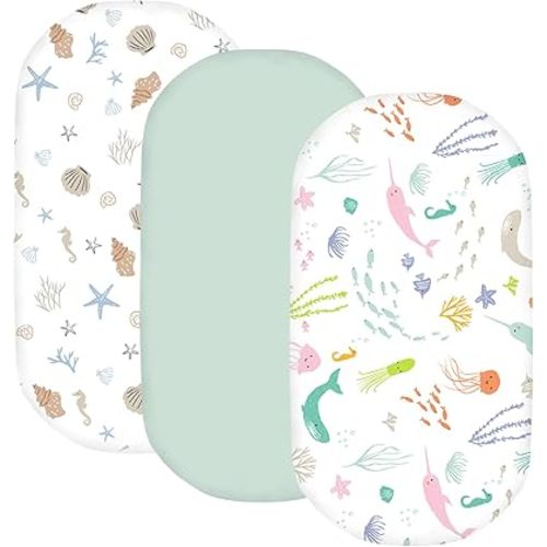 Little Grape Land Bassinet Sheet, 3 Pack Bassinet Sheets for Baby Boys Girls, Soft Baby Bassinet Fitted Sheets for Bassinet Mattress, Size 33 x 18 x 4 Inches, Ocean World/Shell/Green