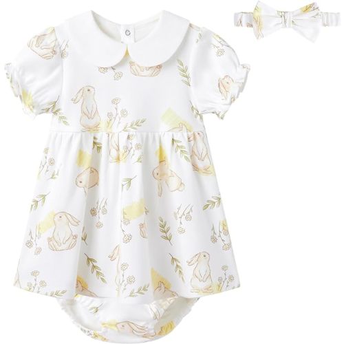 pureborn Baby Toddler Girl Dress with Bloomer Short and Long Sleeve Playwear Dress with Diaper Cover - 0-3 Months - Field Rabbit-2