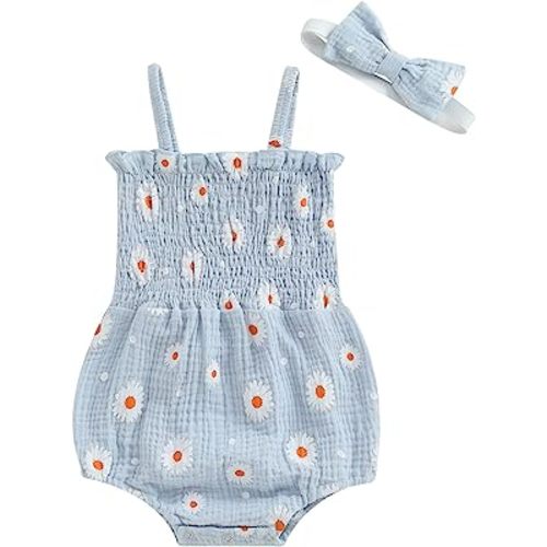 Infant Baby Girl Summer Outfit Clothes Sleeveless Smocked Cotton Linen Romper with Headband