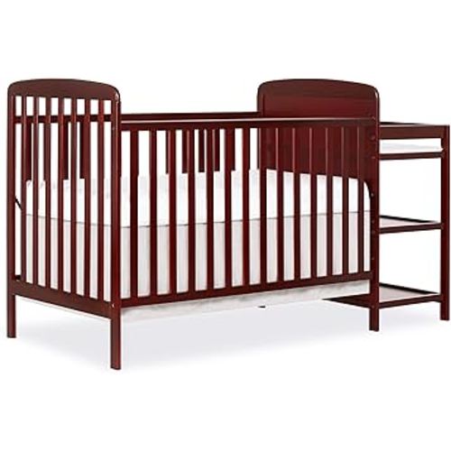 Dream On Me Anna 3-in-1 Convertible Full-Size Baby Crib & Changer with Storage in Cherry, GreenGuard Gold & JPMA, Pinewood, Converts to Day & Toddler Bed, 3 Mattress Heights, 1″ Changing Pad