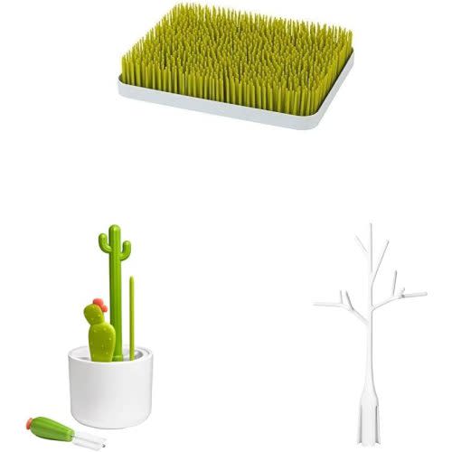 Boon Lawn Countertop Baby Bottle Drying Rack & Cacti Bottle Cleaning Brush Set & Twig Grass and Lawn Drying Rack Accessory - Green - Drying Rack + Cleaning Set + Rack Accessory