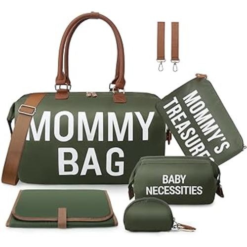 printe 6pcs Large Diaper Bag Tote with Changing Pad & 2 Organized Pouches, Mommy Bag for Hospital with Pacifier Case, Straps, Stroller Hook, Baby Diaper Bag for Weekender Travel, Olive Green