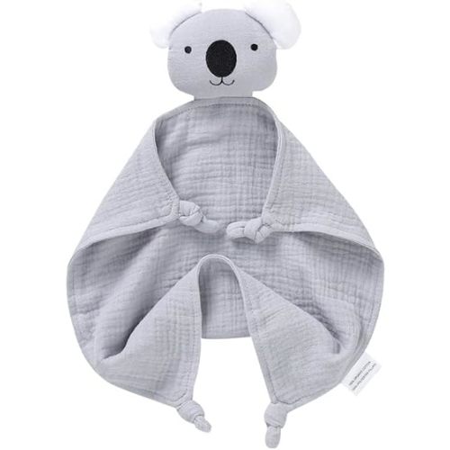 LAWKUL Baby Security Blankets Organic Cotton Muslin Lovey Breathable Lovie Soft Cuddly Lovies for Infant Boy Girls Koala Grey
