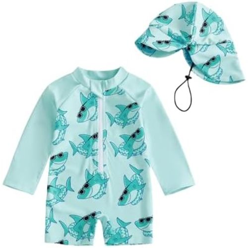 6-12 mo Baby Boy One Piece Swimsuit Shark Long Sleeve Zip Up Bathing Suit with Sun Cap Infant Rash Guard Swimwear
