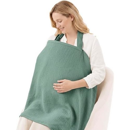 Blissful Diary Muslin Nursing Cover for Breastfeeding, Breathable Breastfeeding Cover up with Arch Neckline for Women, Nursing Apron (Roman Green)