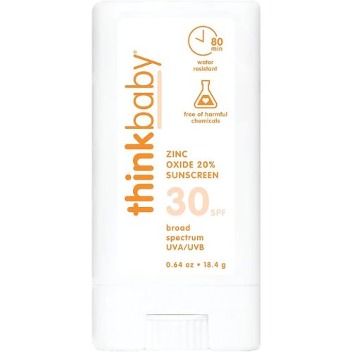 Thinkbaby SPF 30 Sunscreen Stick – Safe, Natural, Water Resistant Sun Cream for Babies, Kids & Adults – Mineral UVA/UVB Sun Protection – Reef Friendly Travel Stick, 0.64oz