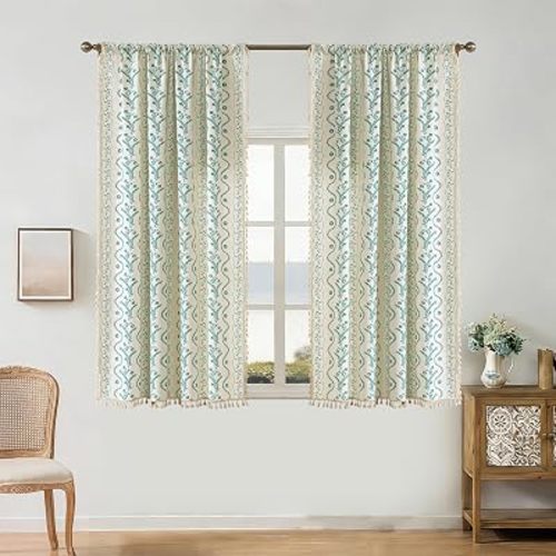 Boho Curtains 63 Inch Long for Living Room, Bedroom,Turquoise White 2 Panels Floral Farmhouse Vintage Tassel Semi Sheer Light Filtering Privacy Window Curtain Drapes with Rod Pocket