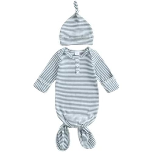 Newborn Baby Boy Girl Sleep Gown Sleeper Knotted Nightgown Hat Pajamas Hospital Coming Home Fall Winter Outfit