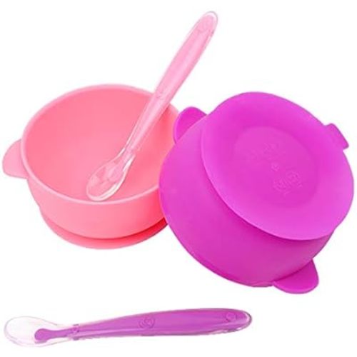 KingKam 2 Pack Baby Bowls with Suction, Silicone Stay up Baby Bowl for Kids and Toddlers, Silicone Bowls and Spoons for Baby Toddler Bowls, Baby Feeding Bowls Set - Pink/Purple