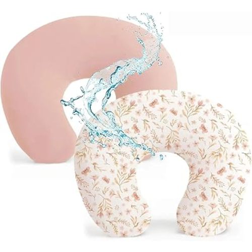 Baby Waterproof Nursing Pillow Cover, Stretchy Nursing Covers for Breastfeeding Pillows, Adorable Infant Feeding Pillow Slipcover for Baby Boy and Girls (Pink + Pink Flowers)