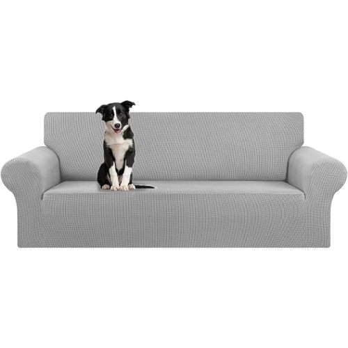 KEKUOU Stretch Oversized Sofa Slipcover 1 Piece Couch Sofa Cover (94"-110") Furniture Protector 4 Seater Sofa with Elastic Bottom for Kids,Pet.Jacquard Checked Pattern Fabric(X Large,Silver)