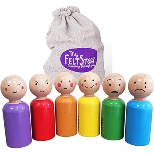 Set of 6 - Rainbow Wooden Peg Dolls with Emotions | Sensory Autism Toys for Toddlers | Early Education Toys, Social Emotional Therapeutic Learning Activities for Calmness