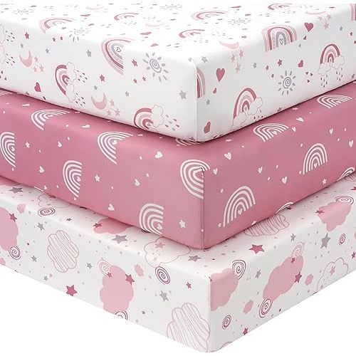 Baby Mini Crib Sheets Girl, Portable 38”x26” Pack and Play Sheets Fitted for Playard and Pack N Play Mattress, 3-Pack Soft Microfiber Pink Rainbow