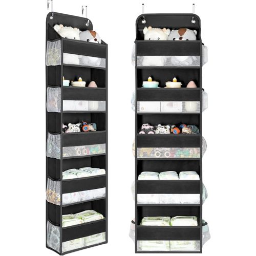 Yecaye 2 Pc Over the Door Organizer with 5 Bins 10 Side Pockets, 44lbs Load Hanging Bathroom and Bedroom Organizer, behind the Door Hanging Organizers for Nursery Newborn Baby Essential Stuff Black