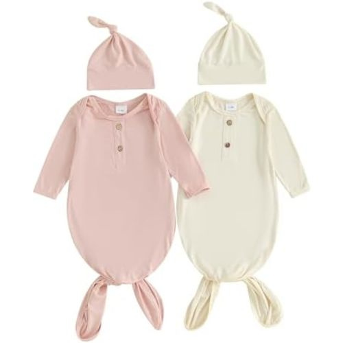 Newborn Knotted Gown 2 Pack Plain Sleeper for Baby Boy Girl Coming Home Outfit