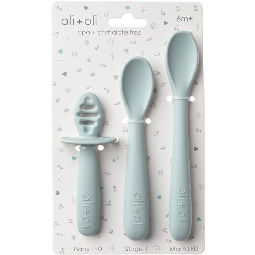 Ali+Oli (3pc) Silicone Spoon Set for Baby (Blue) Unbreakable Silicone Baby Spoon, Baby Spoons Self Feeding 6 Months & Up, Self Feeding Baby Utensils, Multi-stage Baby Feeding Spoon, Ergonomic Design