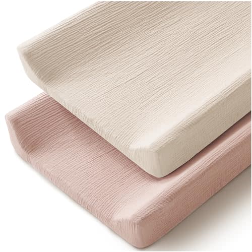 MairMore Changing Pad Cover for Neutral Baby Muslin Soft Cotton Diaper Changing Table Pad Cover Changing Pad Sheets for Girls and Boys - 2 Pack(Ivory&Pink)