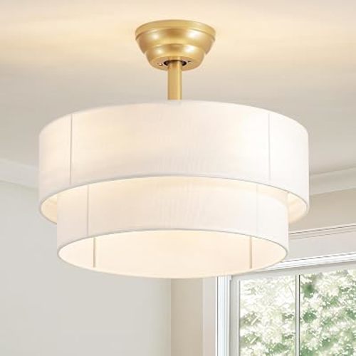 18.5 Inch Fabric Woven Ceiling Fan with Remote, Bohemian Gold Ceiling Fan Light Suitable for Dining Room Living Room Bedroom Kitchen, 4-Light Heads (White)