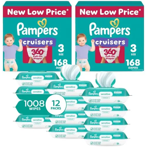 Pampers Pull On Cruisers 360° Fit Disposable Baby Diapers Size 3, 2 Months Supply (2 x 168 Count) with Sensitive Water Based Baby Wipes 12X Multi Pack Pop-Top and Refill (1008 Count)
