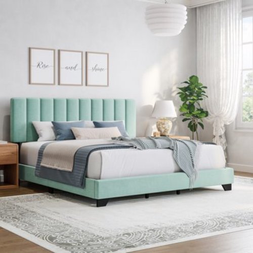 Reece Channel Stitched Upholstered King Bed, Caribbean Green, by Hillsdale Living Essentials