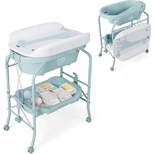 BABY JOY Baby Bathtub with Changing Table, Foldable Infant Diaper Changing Station with Storage Tray, Waterproof Pad, Portable Newborn Nursery Organizer Bath Stand with 4 Universal Wheels (Blue)