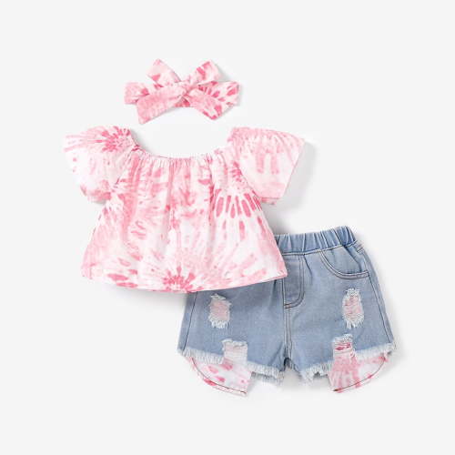 PatPat Kids Clothes Toddler Girls Outfit Sets 3pcs Tie Dye Off Shoulder Blouse and Denim Shorts & Headband Set, Pink, 3 Years