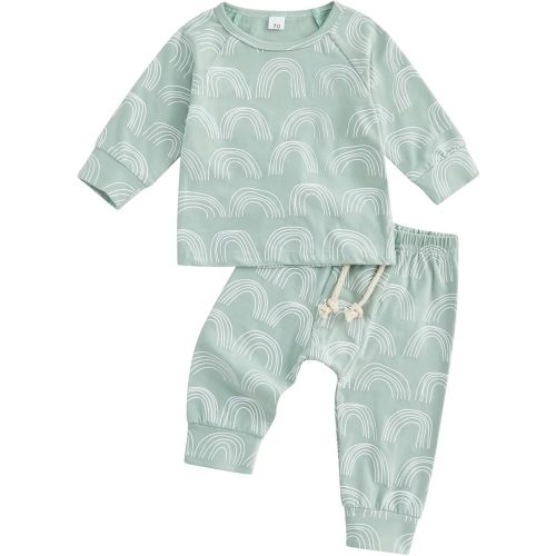 Bingqiling Toddler Fall Outfit 2 Pcs Baby Boy Girl Winter Clothes Rainbow Print Long Sleeve Crewneck Sweatshirt and Pant Sets - Green - 0-6 Months